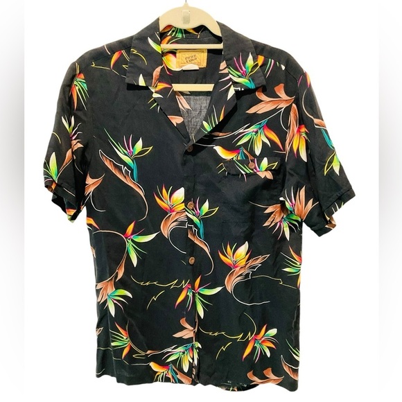 Vtg Pacific Cargo Floral Birds of Paradise Men’s Hawaiian Shirt Black Button Med - Picture 1 of 4